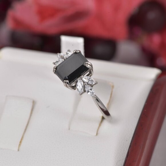 3ct GRA Certified Black Emerald Cut Moissanite Engagement Ring sz 9 - Picture 2 of 6